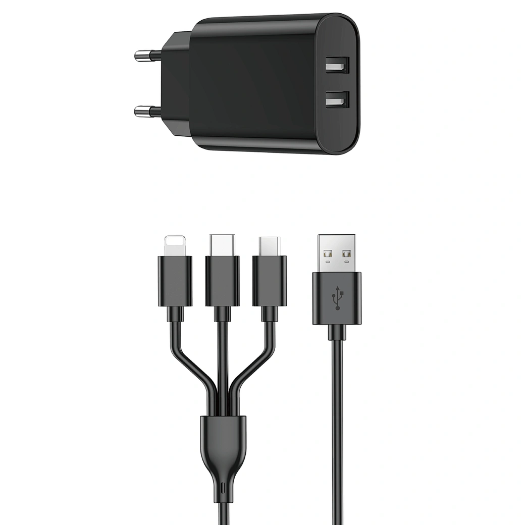 WIWU Dual USB charger+ 3 in 1 cable EU plug, Wi-U003