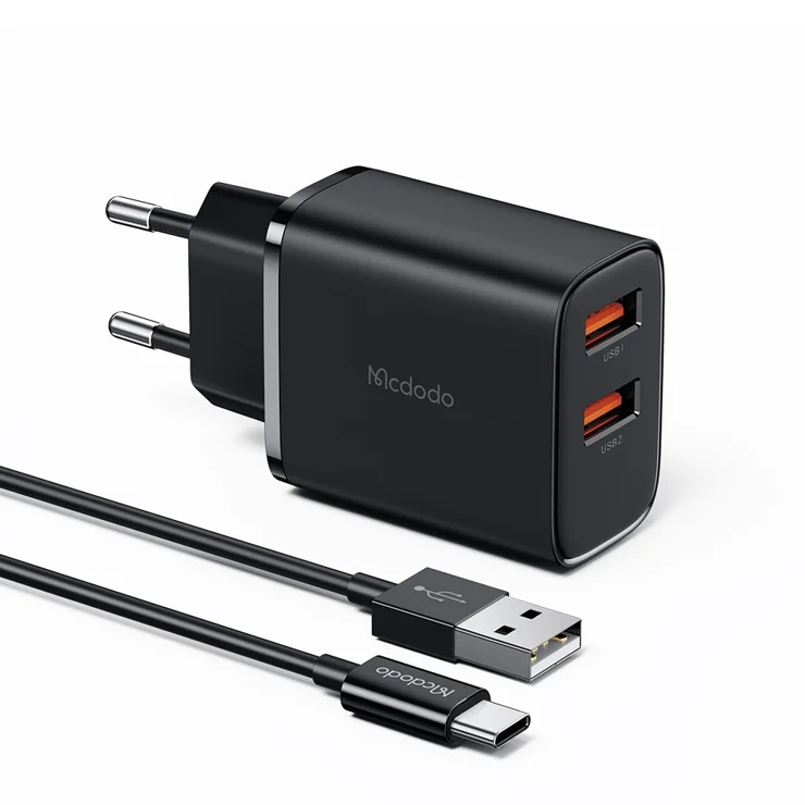 MCDODO CH-5072 12W Wall Charger Kit with Type-C Cable 2 USB-A 2.4A Travel Charger Block, EU Plug (Black)
