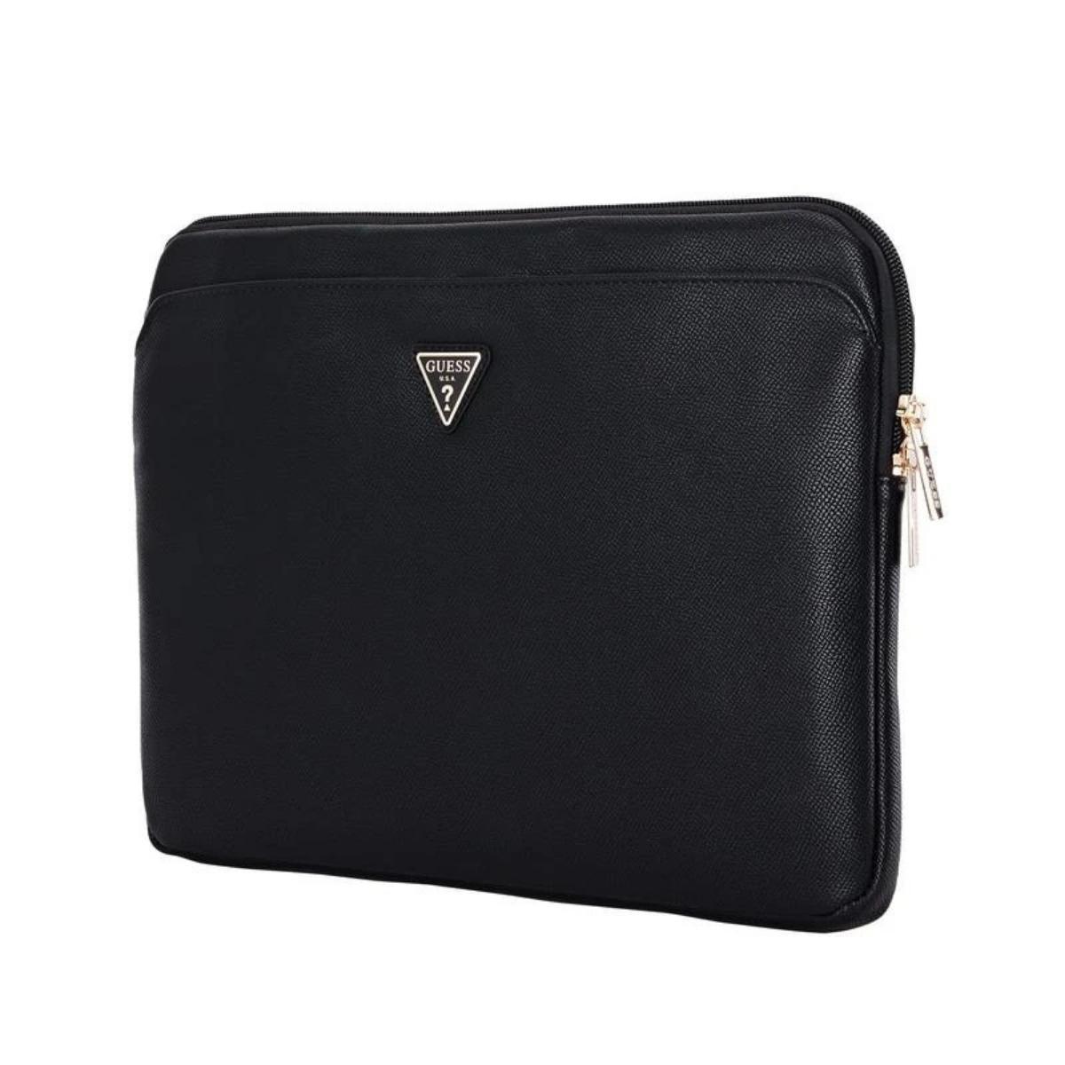 GUESS - GRAINED PU COMPUTER SLEEVE WITH ZIPPER AND TRIANGLE LOGO - BLACK