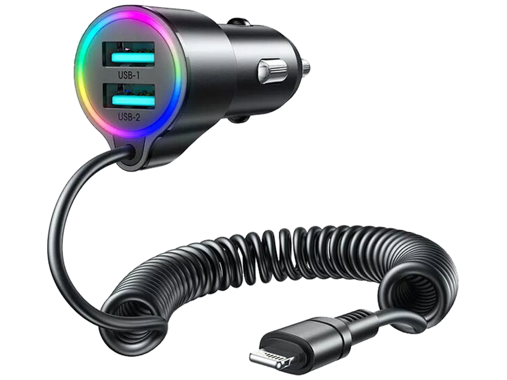 JOYROOM JR-CL25 3.4A 3-in-1 Car Charger with Coiled Lightning Cable Black